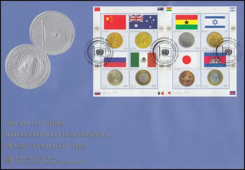 UNO New York 1033-1040 Flaggen und Münzen: Keinbogen auf Schmuck-FDC N.Y. 2006