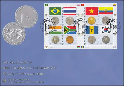 UNO New York 1049-1056 Flaggen und Münzen: Keinbogen auf Schmuck-FDC N.Y. 2007