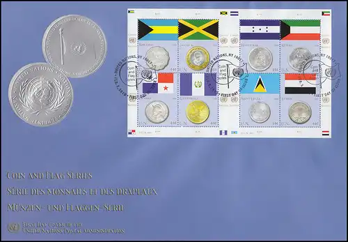 UNO New York 1177-1184 Flaggen und Münzen: Keinbogen auf Schmuck-FDC N.Y. 2010