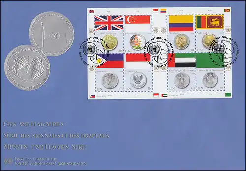 UNO New York 1083-1090 Flaggen und Münzen: Keinbogen auf Schmuck-FDC N.Y. 2008