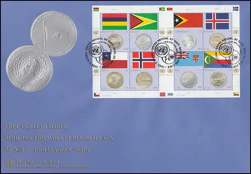 UNO New York 1245-1252 Flaggen und Münzen: Keinbogen auf Schmuck-FDC N.Y. 2011