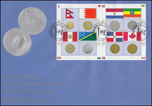 UNO New York 1294-1301 Flaggen und Münzen: Keinbogen auf Schmuck-FDC N.Y. 2012