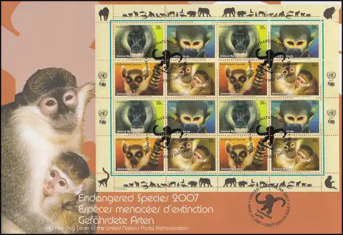 Nations Unies New York 1045-1048 Espèces menacées Primates: Petits arcs de bijoux FDC 2007