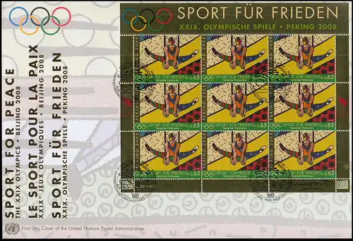 UNO Wien 545 Olympia Peking 2008 - Ringeturnen: Kleinbogen auf Schmuck-FDC