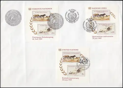Nations unies Trio-FDC 40 ans UNO: tous les 3 blocs New York, Genève, Vienne avec ESSt sur FDC