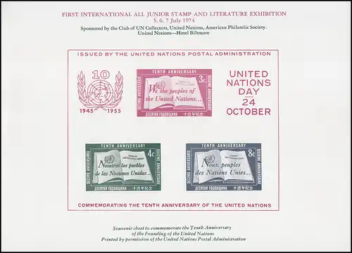 UNO New York Block 1 als Farbsonderdruck zur Briefmarken-Ausstellung 1974