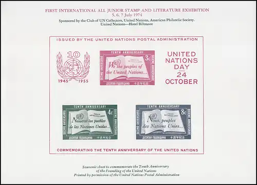 UNO New York Block 1 en tant qu'impression de couleur spéciale pour l'exposition des timbres 1974