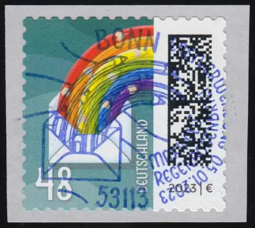 3743 Monde des Lettres: Lettre arc-en-ciel 48 centimes, autocollant, EV-O Bonn