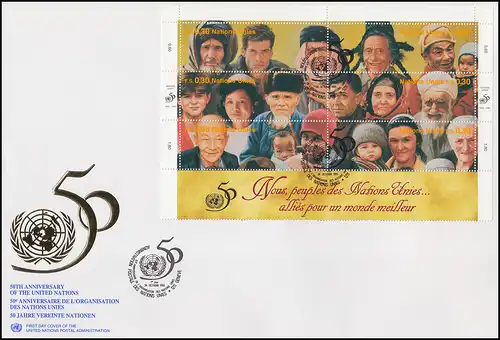 UNO Genf 273-284 Jubiläum 50 Jahre UNO 1995: 2 ZD aus ZD-Bogen auf 2 Schmuck-FDC