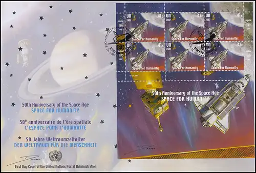 UNO New York 50 ans de navigation spatiale 2007: jeu de petites feuilles sur 2 bijoux FDC