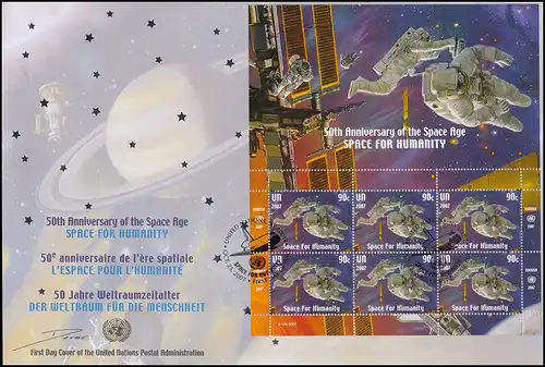 UNO New York 50 ans de navigation spatiale 2007: jeu de petites feuilles sur 2 bijoux FDC