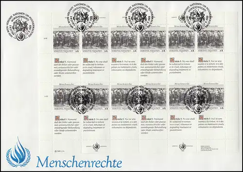 UNO Wien 96-97 Menschenrechte 1989: Zusammendruck-Bogen-Satz auf 2 Schmuck-FDC
