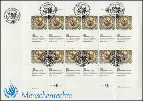 UNO Wien 96-97 Menschenrechte 1989: Zusammendruck-Bogen-Satz auf 2 Schmuck-FDC