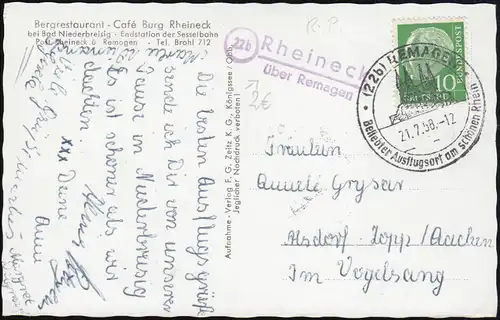 Landpost 22b Rheineck über REMAGEN SSt Ausflugsort 21.7.58 auf passender AK 