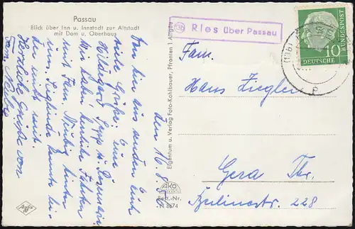 Landpost 13b Ries über PASSAU 16.8.1956 auf passender AK