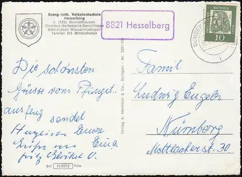 Landpost 8821 Hesselberg bei GUNZENHAUSEN aptierte PLZ 13a - 12.6.1962 auf AK
