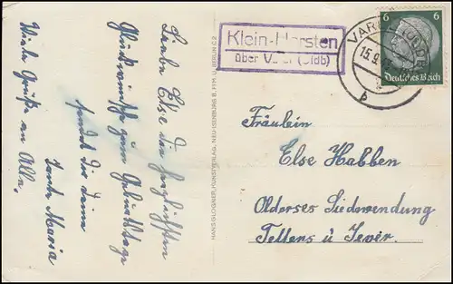 Landpost Klein-Horsten über VAREL (OLDENBURG) 15.9.1943 auf Geburtstags-AK