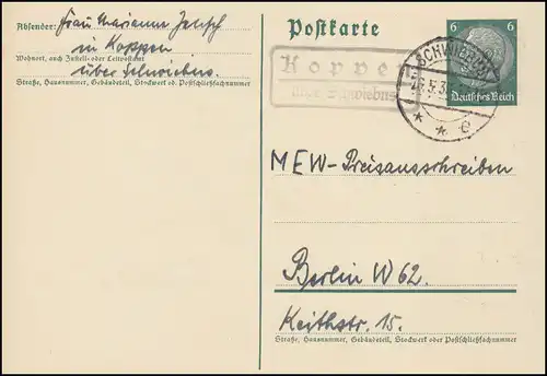 Landpost Koppen über SCHWIEBUS 16.5.1936 auf Postkare nach Berlin