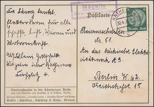 Landpost Mögelin über RATHENOW 30.4.35 auf AK Amelinghausen