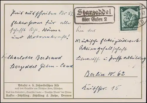 Le poste de campagne Starzeddel sur GUBEN 2 PAYS 1935 sur AK Maisons sur l'Alb Schwäbischen