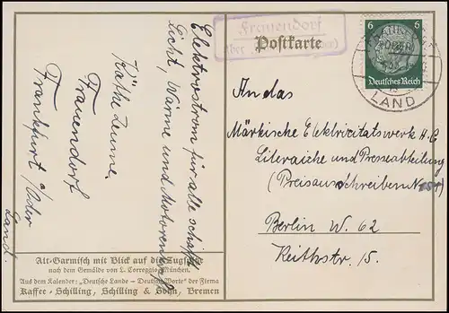 Landpost Frauendorf sur FRANKFURT (ODER) PAYS 20.4.1935 sur AK Alt-Garmisch