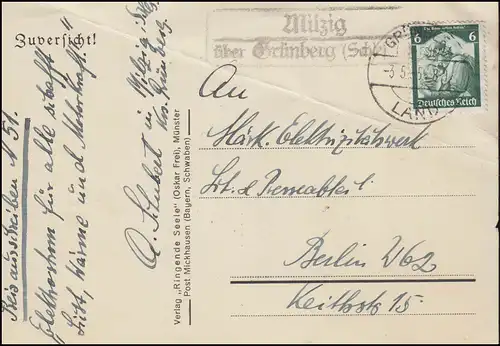 Landpost  Milzig über GRÜNBERG (SCHLE) LAND 3.5.1915, AK Gedicht Zuversicht, Bug