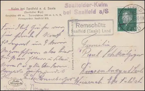 Landpost Saalfelder-Kulm bei Saalfeld / Remschütz Saalfeld (Saale) Land 12.7.30