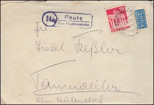 Pays-Bas 14b Reute sur FRIEDRICHSHAFEN 13.9.1951 sur lettre à Tannweiler