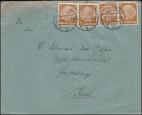 Payspost village avancé sur STELTIN 22.1.1937 sur lettre à Kiel