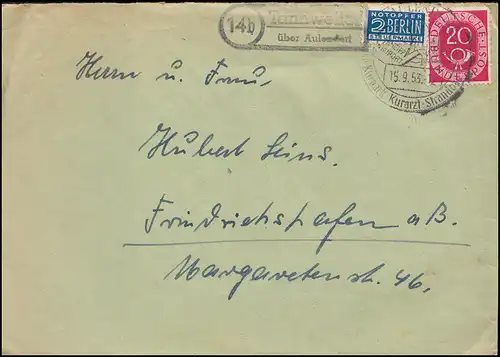 Landpost 14b Tannweiler über AULENDORF SSt Kneipp-Kurort 15.9.1953 auf Brief