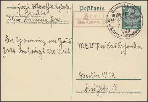 Landpost Zemlin über CAMMIN (POM) SSt Bischofsstadt 11.5.1936 auf Postkarte
