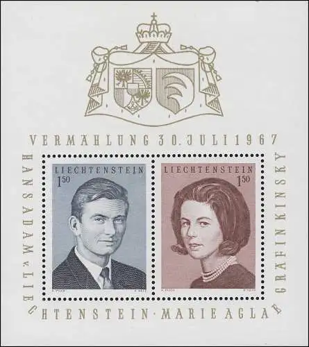 Liechtenstein Block 7 Mariage 1967, frais de port ** / MNH