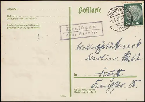 Pays-Bas Poste Neulögow sur GRANSEE LAND 11.5.1936 sur carte postale