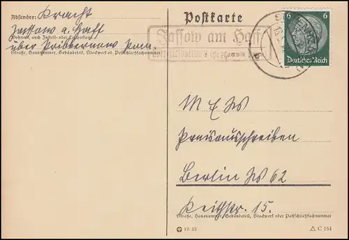 Landpost Jassow am Haff über Pribbernow (Kreis Cammin Pommern) 13.5.1936
