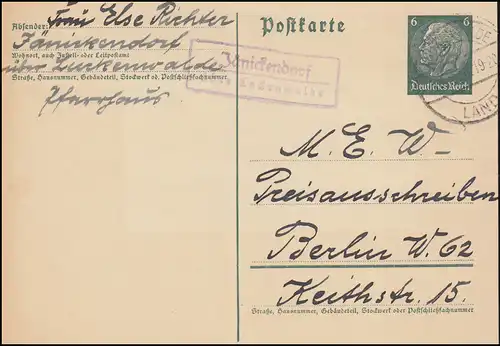 Payspost Jänickendorf via LUCKENWALDE LAND 18.5.1936 sur carte postale à Berlin