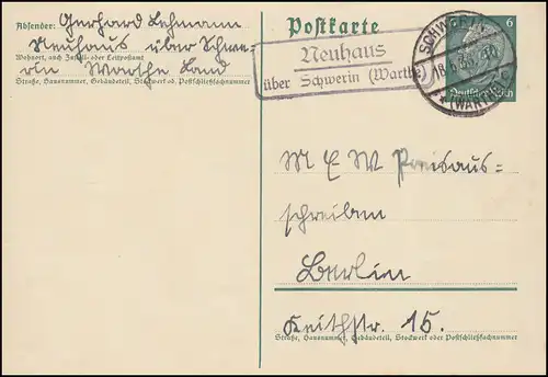 Landpost Neuhaus über SCHWERIN (WARTHE) 18.5.1936 auf Postkarte nach Berlin