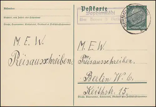 Landpost Sophienstädt über BERNAU bei BERLIN 18.5.1936 auf Postkarte nach Berlin