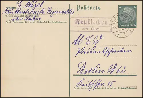 Landpost Neukirchen sur LABES 13.5.1936 sur carte postale à Berlin
