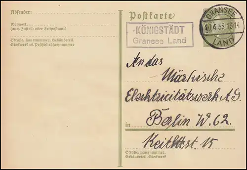 Landpost Rahmen-O "KÖNIGSTÄDT Gransee Land" auf Postkarte GRANSEE LAND 20.4.1933