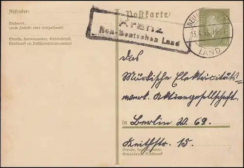 Landpost Kranz - NEU BENTSCHEN LAND 13.4.1933 auf Postkarte nach Berlin