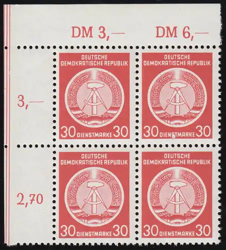 Service 11x XI 30 pfennig en bloc de quatre coins en haut à gauche, non plié, **