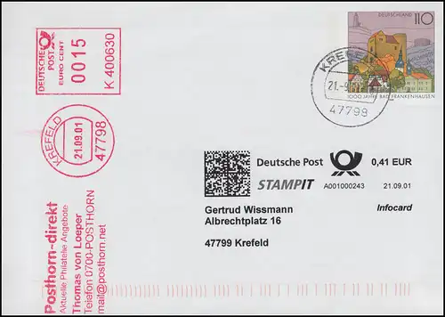 Automatisation postale: STAMIT (Frankature PC) + AFS sur lettre USO 5 Krefeld 21.9.01