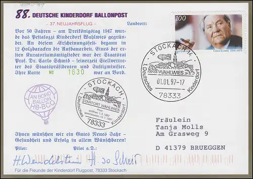 88. Kinderdorf-Ballonpost HB-BCQ 37. Neujahrsflug Wahlwies - Stockach 1.1.1997