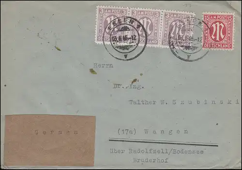 8+17 AM-Post als MiF auf Fern-Brief ESSEN 1 v - 3.6.1946 Aufkleber GERMAN