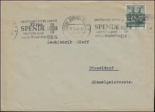 42 I Band 16 Pf als EF auf Orts-Brief DÜSSELDORF Rotes Kreuz 15.7.1948