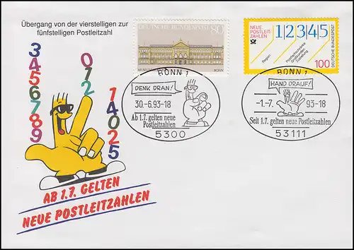 Schmuck-Umschlag Neue Postleitzahlen 1659 SSt BONN Rolf 30.6.93 / 1.7.93