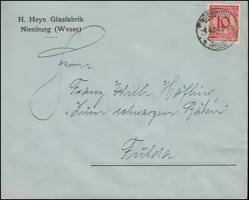 340Pa Korbdeckel EF Brief Glasfabrik H. Heye NIENBURG/WESER 4.4.1924 nach Fulda