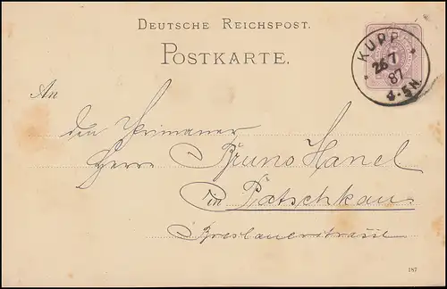 Carte postale P 12/02B chiffre 5 pfennig DV 187 de KUPP 26.7.1887 à Patschkaus
