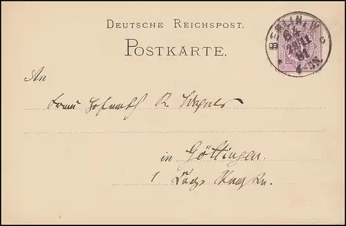 Postkarte P 10 Ziffer 5 Pf. lila, BERLIN W 64 c - 29.11.1881 nach Göttingen