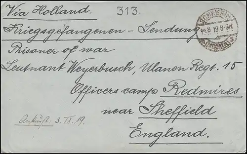 Envoi de prisonniers de guerre SCHWERIN 14.8.1919 à un camp d'officiers près de Sherffield